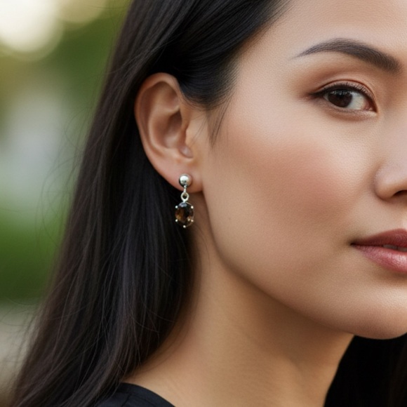 925 Sterling Silver Jewelry - 925 sterling silver great shape smoky quartz brown faceted crystal drop earrings